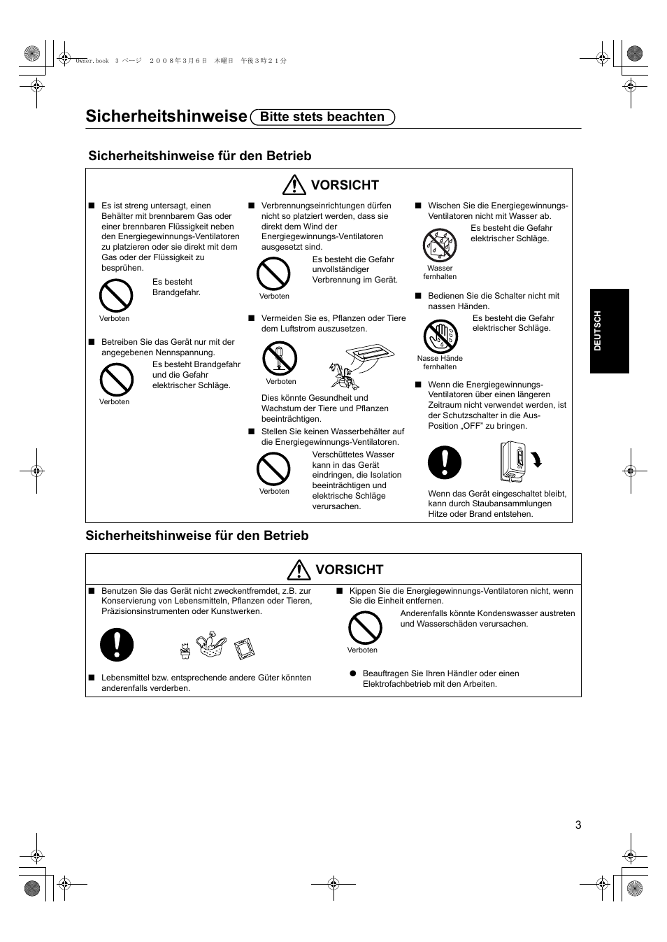 Sicherheitshinweise, Sicherheitshinweise für den betrieb, Sicherheitshinweise für den betrieb vorsicht | Vorsicht, Bitte stets beachten | Panasonic FY500ZDY2 User Manual | Page 24 / 62