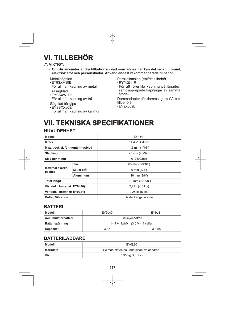 Vi. tillbehör, Vii. tekniska specifikationer, Huvudenhet | Batteri, Batteriladdare | Panasonic EY4541 User Manual | Page 117 / 176