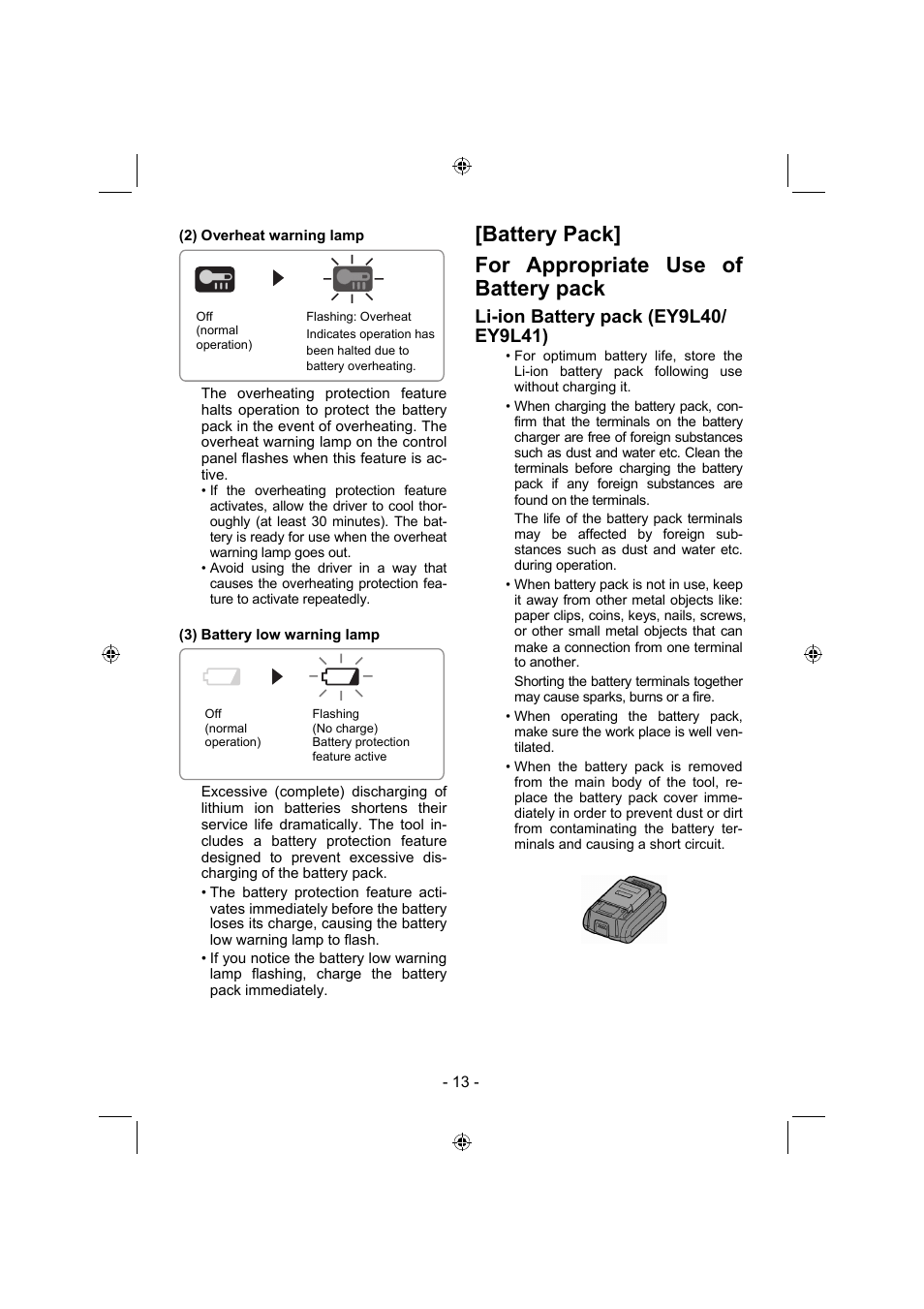 Battery pack] for appropriate use of battery pack | Panasonic EY4541 User Manual | Page 13 / 176