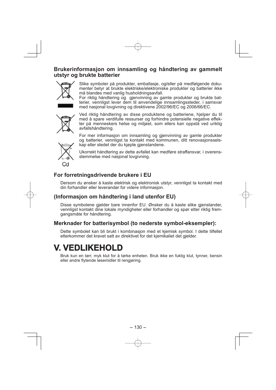 V. vedlikehold | Panasonic EY4541 User Manual | Page 130 / 176