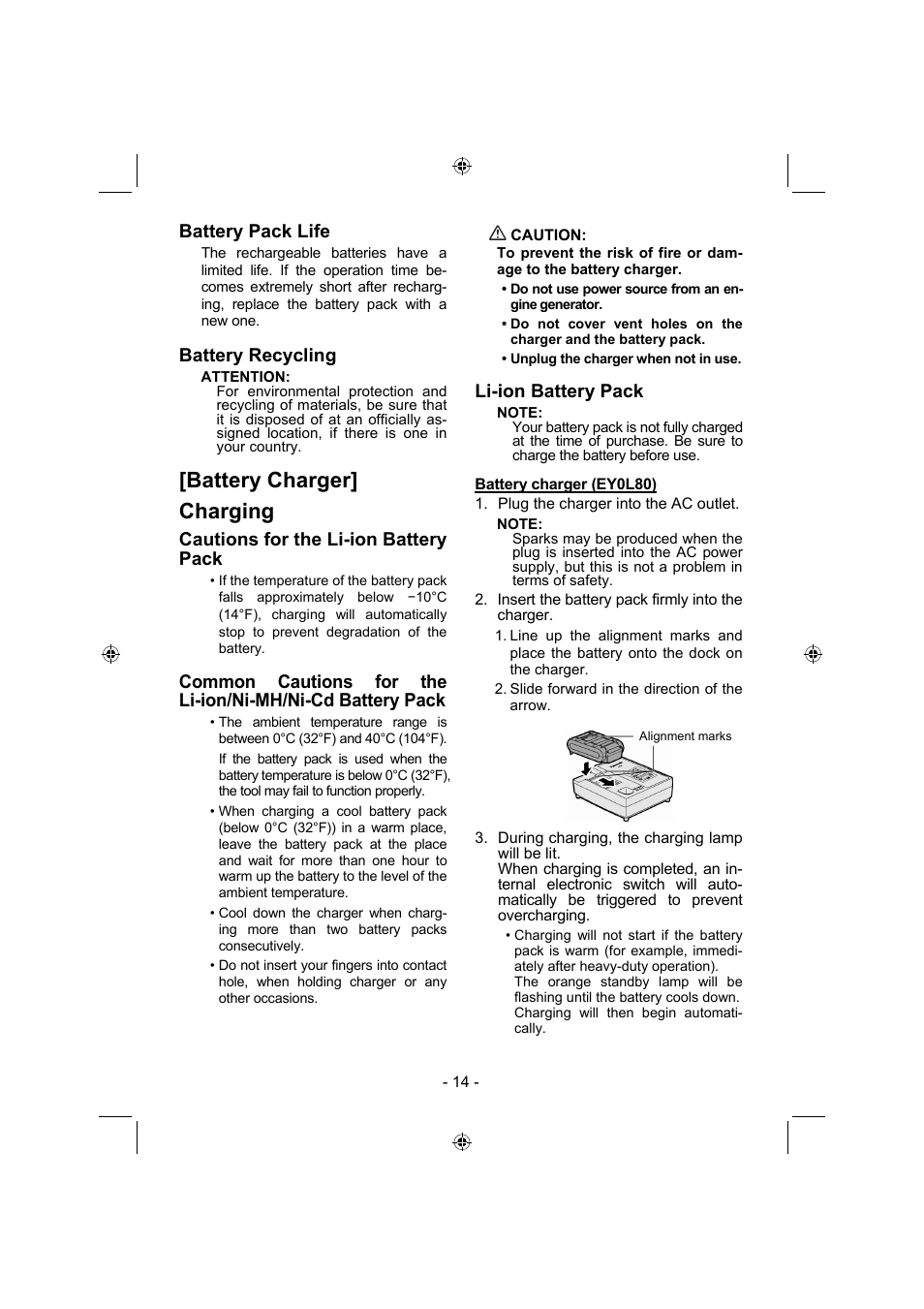 Battery charger] charging, Battery pack life, Battery recycling | Cautions for the li-ion battery pack, Li-ion battery pack | Panasonic EY4541 User Manual | Page 14 / 176