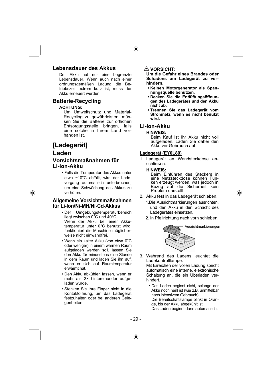 Ladegerät] laden, Lebensdauer des akkus, Batterie-recycling | Vorsichtsmaßnahmen für li-ion-akku, Li-ion-akku | Panasonic EY4541 User Manual | Page 29 / 176