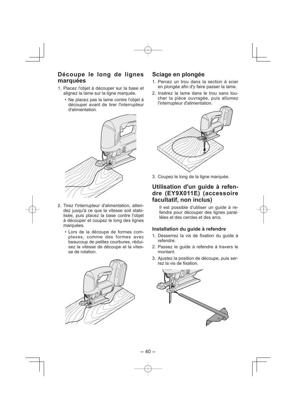 Découpe le long de lignes marquées, Sciage en plongée | Panasonic EY4541 User Manual | Page 40 / 176