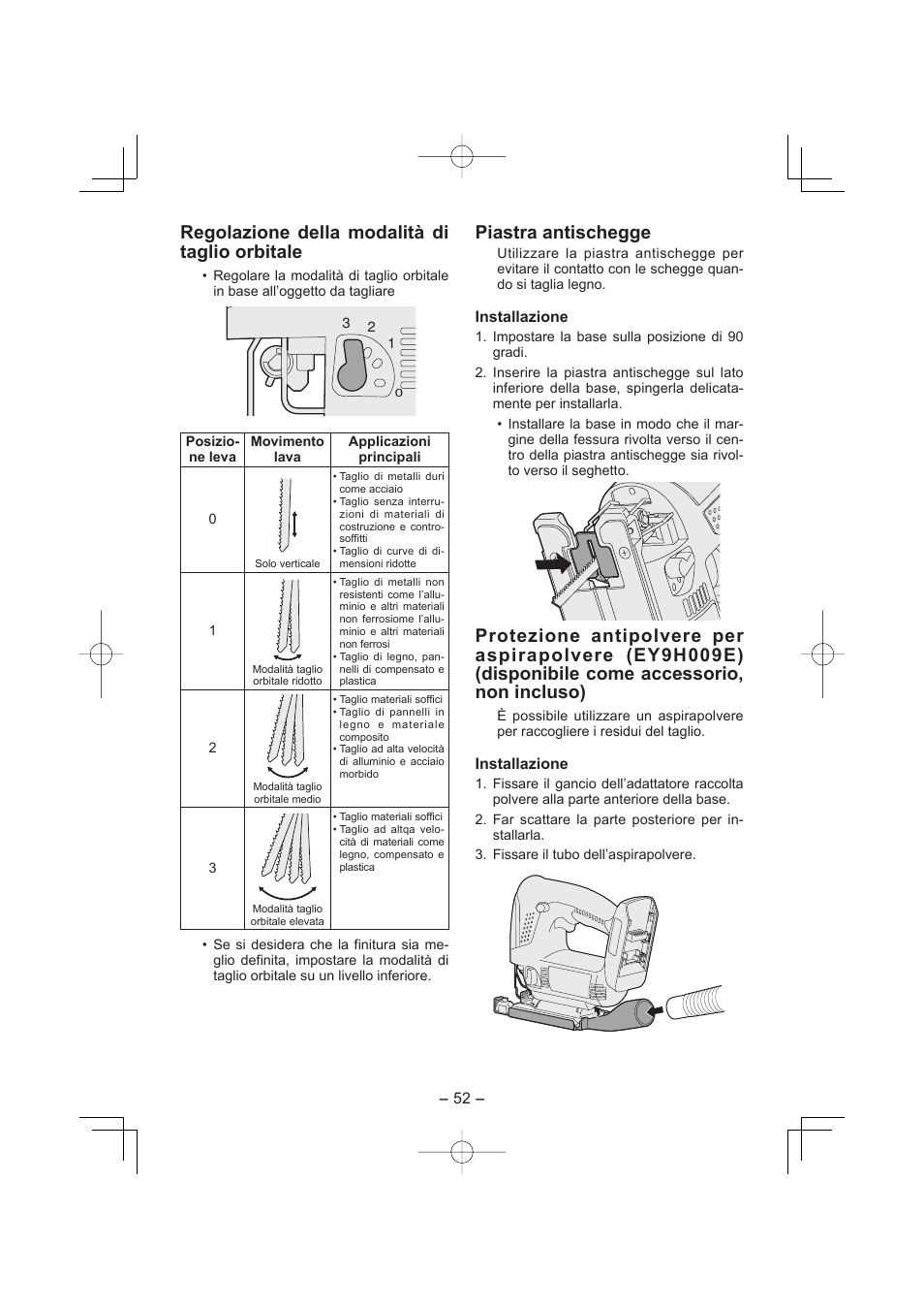 Regolazione della modalità di taglio orbitale, Piastra antischegge | Panasonic EY4541 User Manual | Page 52 / 176