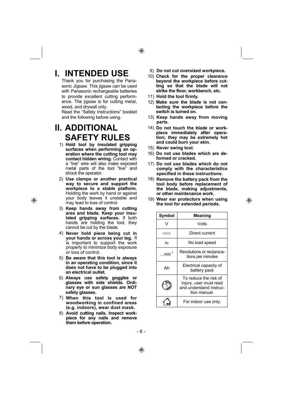 I. intended use, Ii. additional safety rules | Panasonic EY4541 User Manual | Page 6 / 176