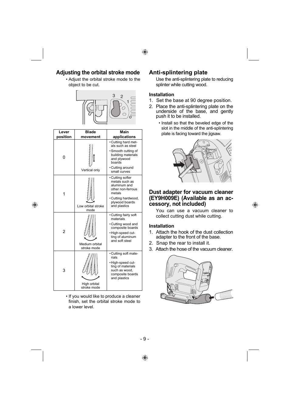 Adjusting the orbital stroke mode, Anti-splintering plate | Panasonic EY4541 User Manual | Page 9 / 176