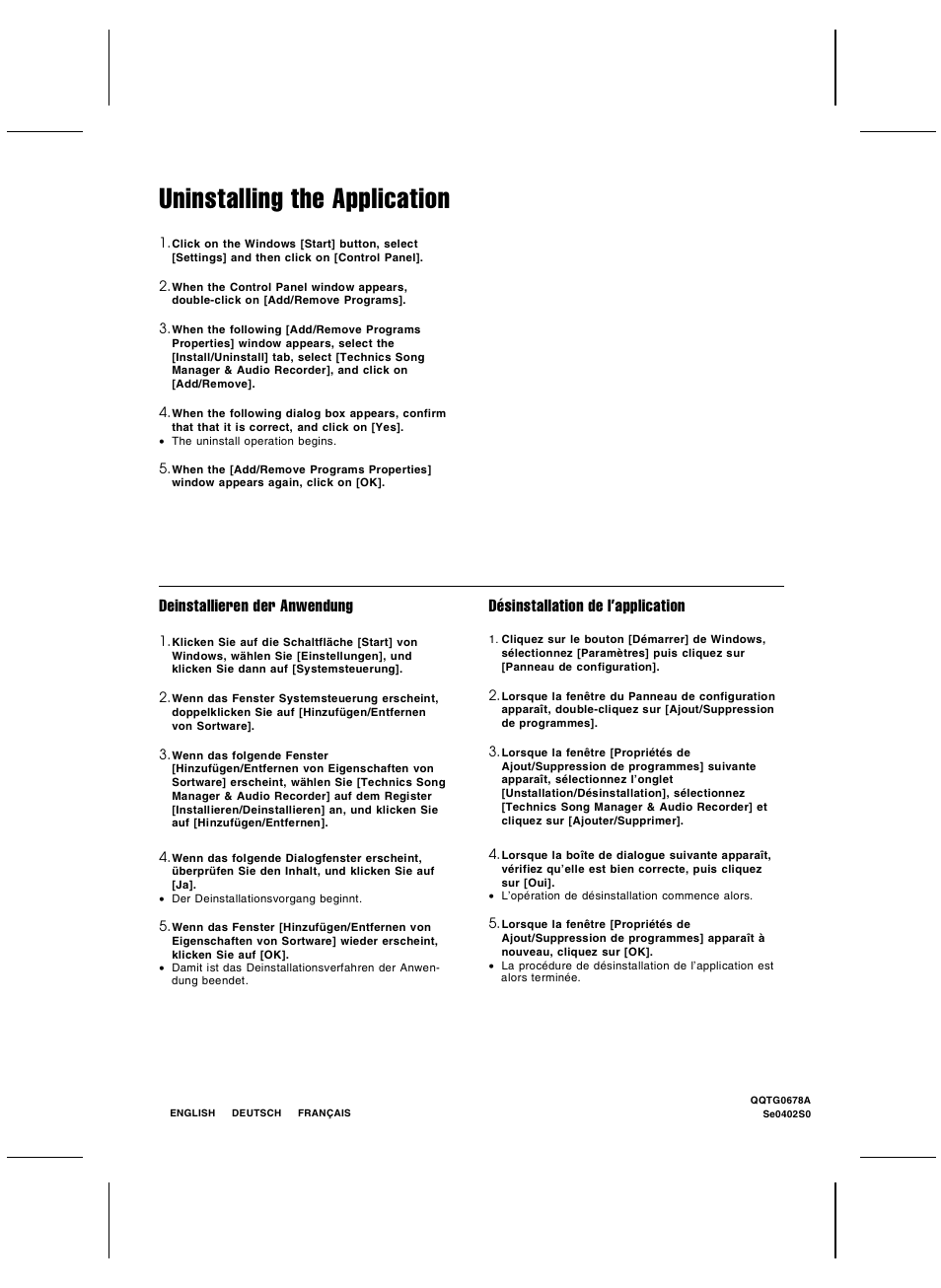 Uninstalling the application, Deinstallieren der anwendung, Désinstallation de l’application | Panasonic SXKN7000 User Manual | Page 12 / 12