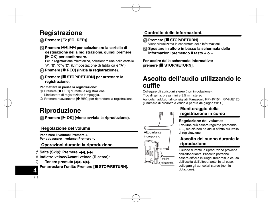 Ascolto dell’audio utilizzando le cuffi e, Registrazione riproduzione | Panasonic RRXS410E User Manual | Page 112 / 230