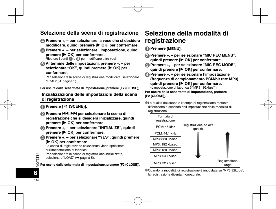 Selezione della modalità di registrazione, Selezione della scena di registrazione | Panasonic RRXS410E User Manual | Page 114 / 230