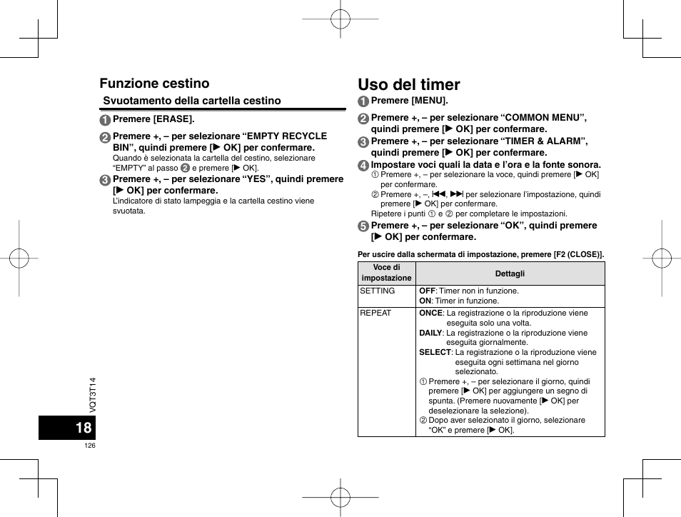 Uso del timer, Funzione cestino | Panasonic RRXS410E User Manual | Page 126 / 230