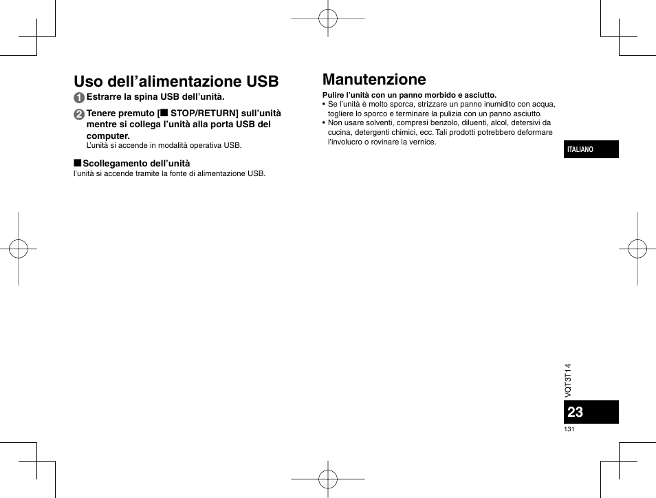 Uso dell’alimentazione usb, Manutenzione | Panasonic RRXS410E User Manual | Page 131 / 230