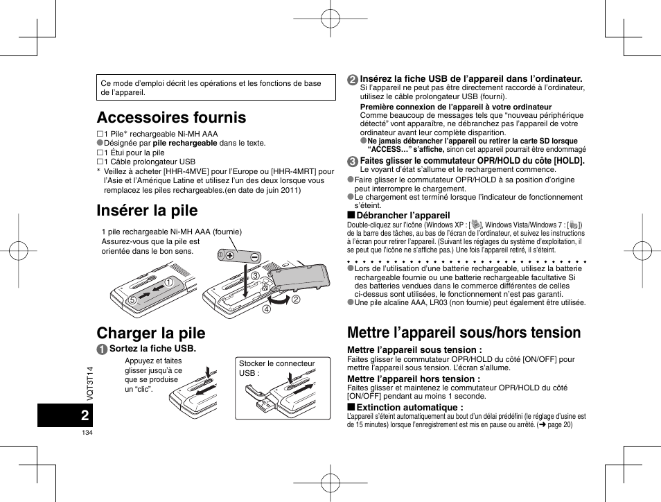 Charger la pile | Panasonic RRXS410E User Manual | Page 134 / 230