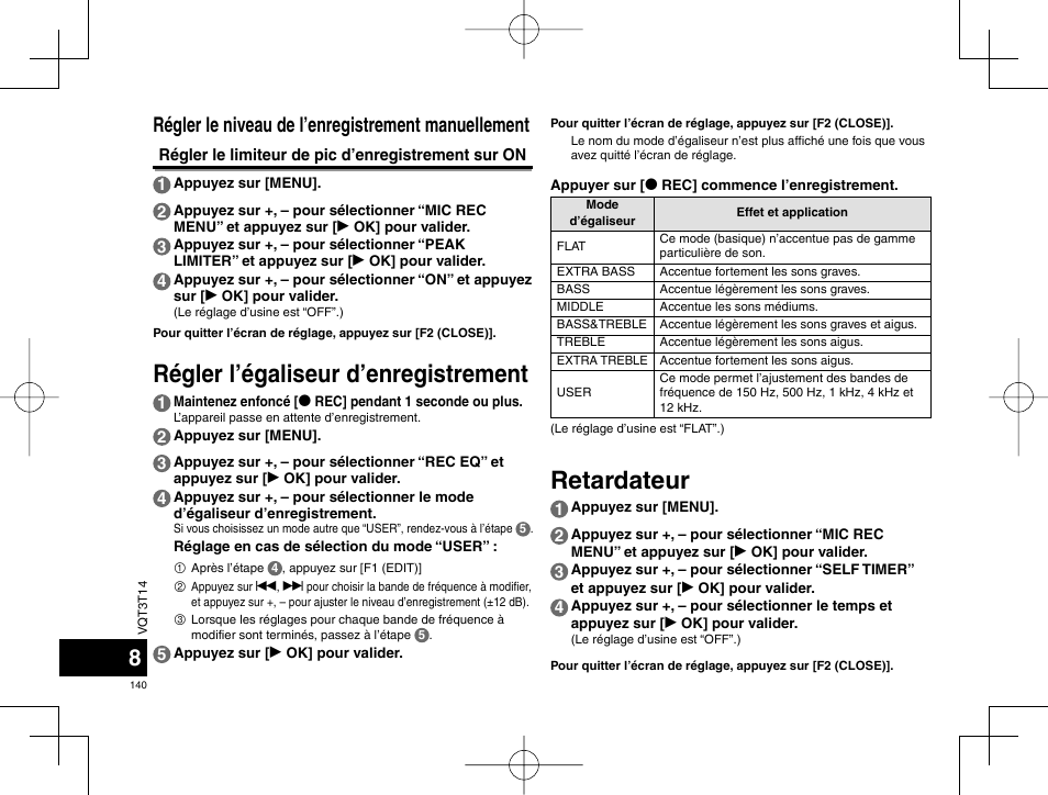 Retardateur, Régler l’égaliseur d’enregistrement, Régler le niveau de l’enregistrement manuellement | Panasonic RRXS410E User Manual | Page 140 / 230