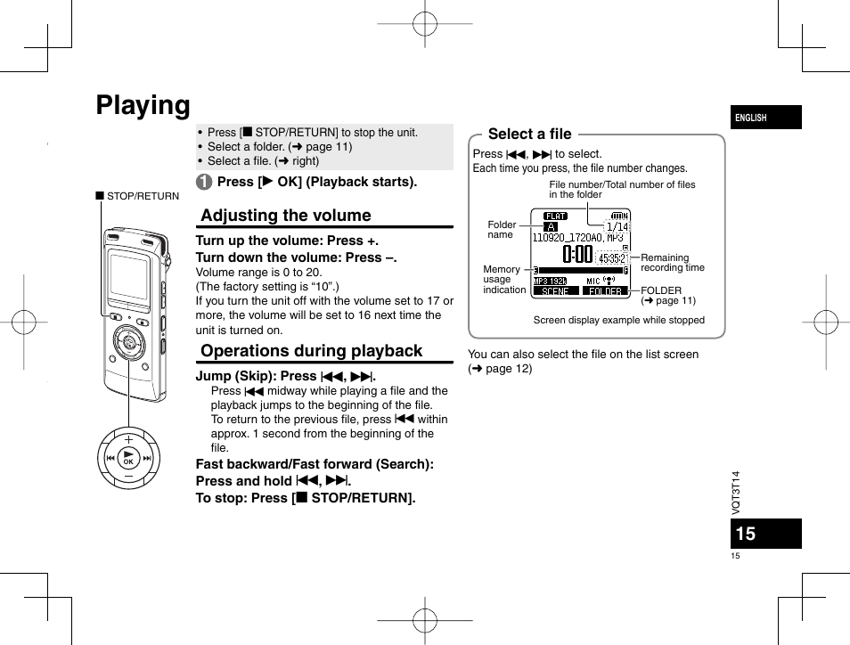 Playing, Adjusting the volume, Operations during playback | Select a fi le | Panasonic RRXS410E User Manual | Page 15 / 230