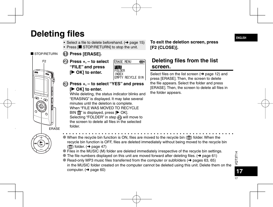 Deleting fi les, Deleting fi les from the list screen | Panasonic RRXS410E User Manual | Page 17 / 230