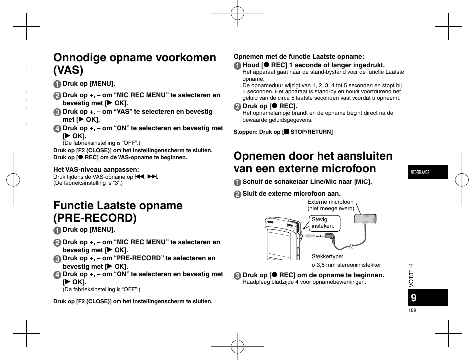 Onnodige opname voorkomen (vas), Functie laatste opname (pre-record) | Panasonic RRXS410E User Manual | Page 189 / 230