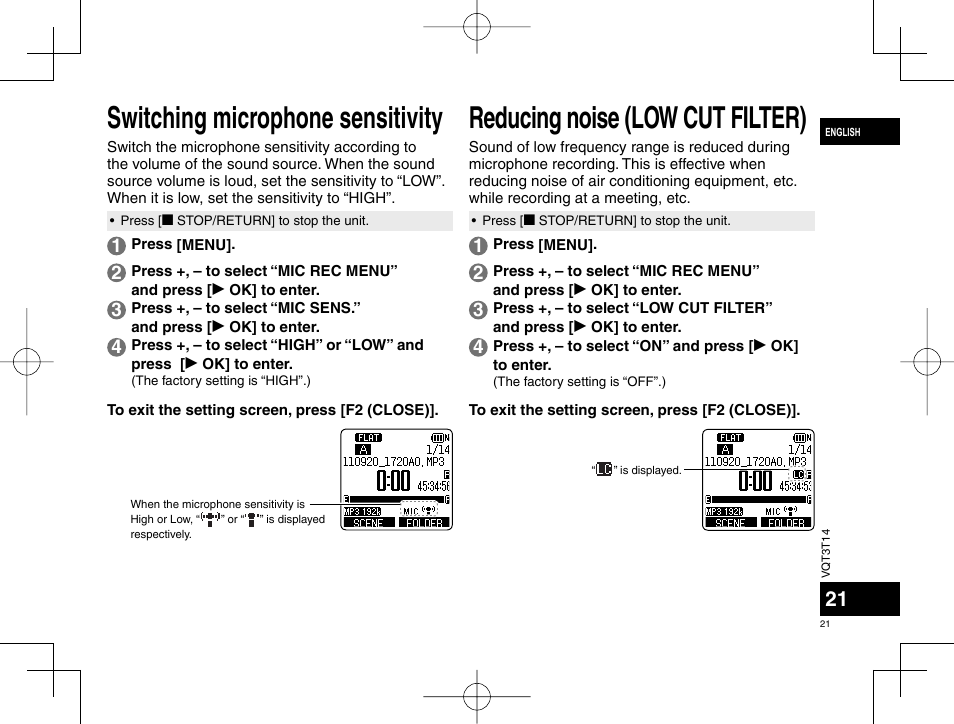 Switching microphone sensitivity, Reducing noise (low cut filter) | Panasonic RRXS410E User Manual | Page 21 / 230