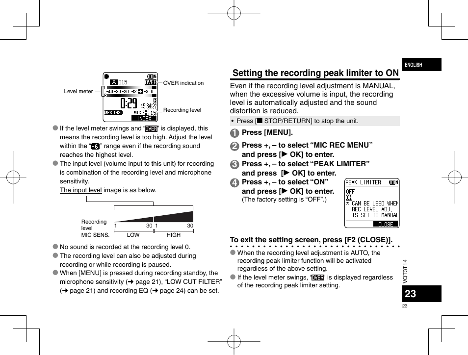 Setting the recording peak limiter to on | Panasonic RRXS410E User Manual | Page 23 / 230