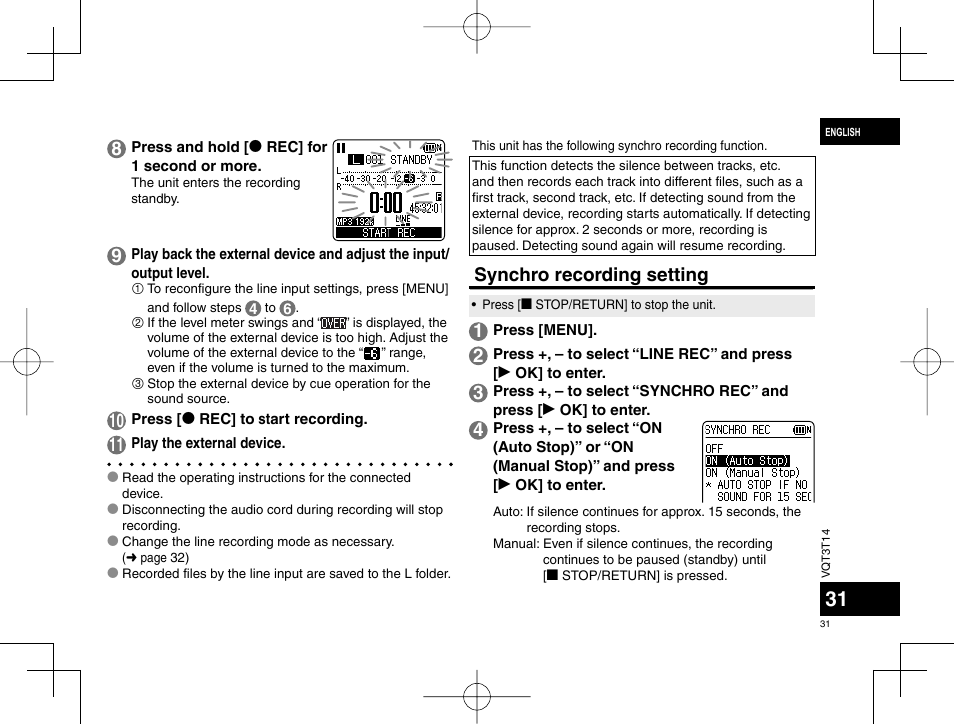 Synchro recording setting | Panasonic RRXS410E User Manual | Page 31 / 230