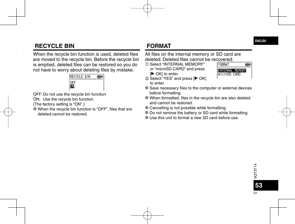 Recycle bin, Format | Panasonic RRXS410E User Manual | Page 53 / 230