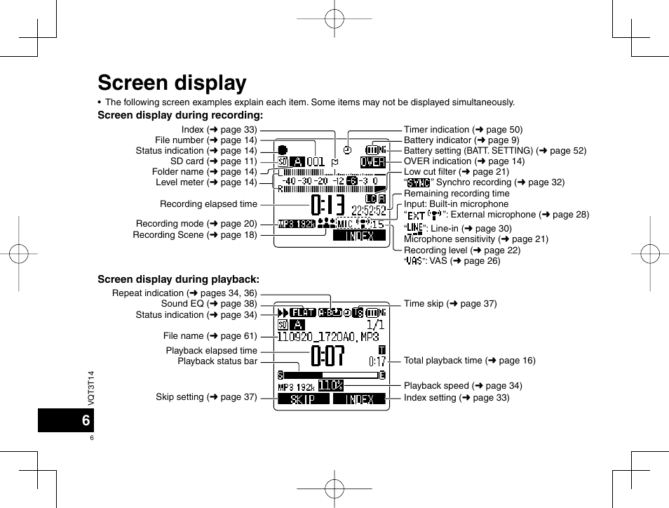 Screen display | Panasonic RRXS410E User Manual | Page 6 / 230