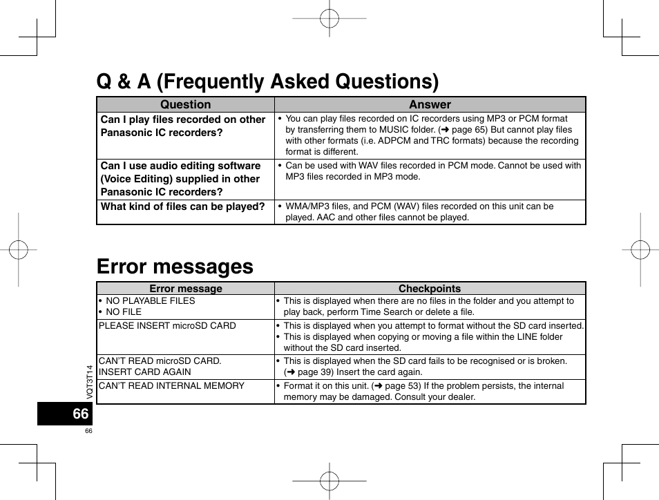 Q & a (frequently asked questions), Error messages | Panasonic RRXS410E User Manual | Page 66 / 230