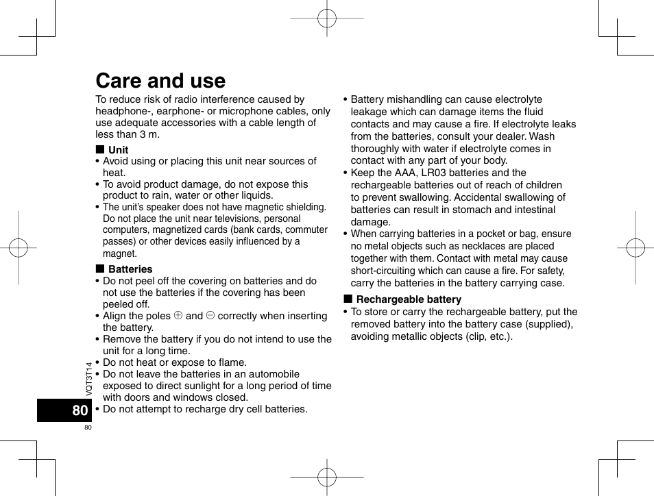 Care and use | Panasonic RRXS410E User Manual | Page 80 / 230