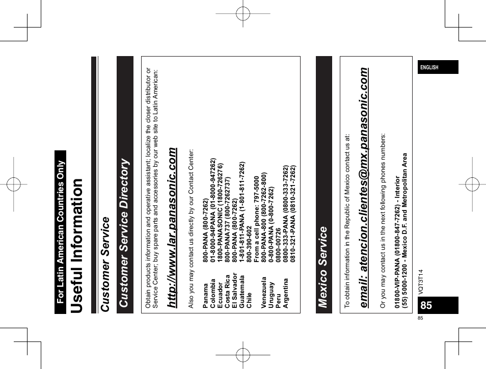 Useful inf ormation, Htt p :/ /w ww .lar.panasonic. com, Mexico servi ce | For latin american countries onl y | Panasonic RRXS410E User Manual | Page 85 / 230