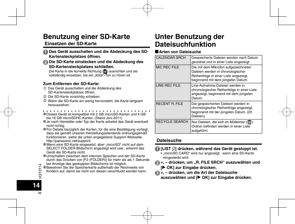 Unter benutzung der dateisuchfunktion, Benutzung einer sd-karte | Panasonic RRXS410E User Manual | Page 98 / 230