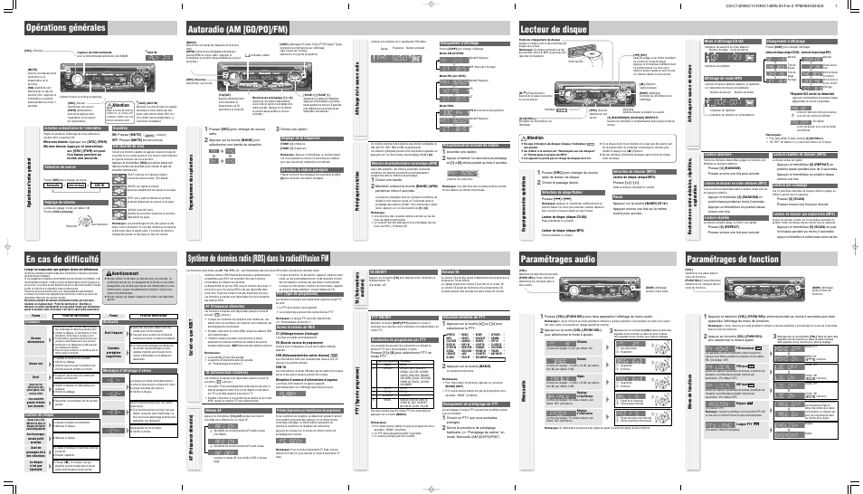 Opérations générales, En cas de difficulté, Autoradio (am [go/po]/fm) | Paramétrages audio, Paramétrages de fonction, Opérations d’ordre général, Avertissement, Préréglage de station, Qu’est-ce que rds, Ta (tnformations routières) | Panasonic CQC1415N User Manual | Page 2 / 4