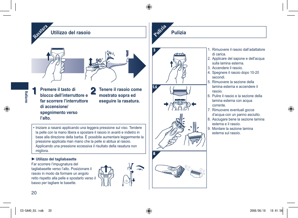 Rasatura, Pulizia | Panasonic ESSA40 User Manual | Page 20 / 92