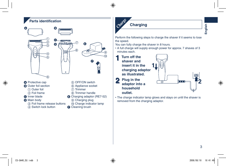 Char ge | Panasonic ESSA40 User Manual | Page 3 / 92