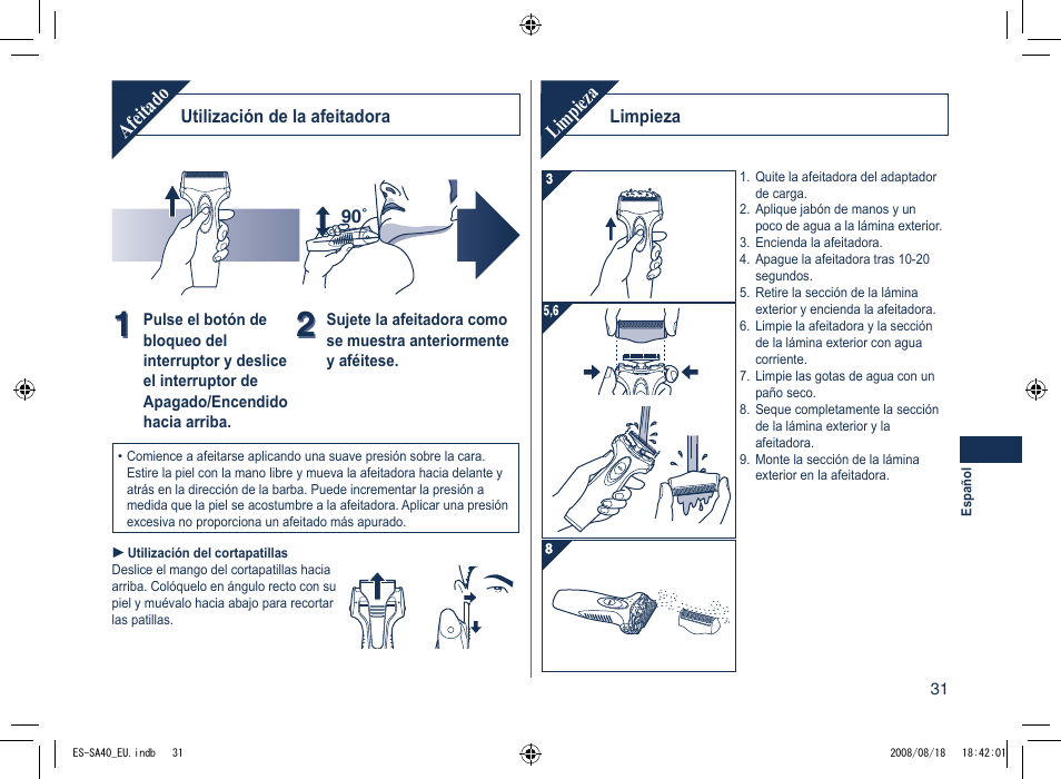 Afeitado, Limpieza | Panasonic ESSA40 User Manual | Page 31 / 92