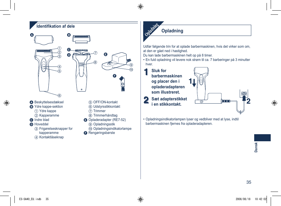 Opladning | Panasonic ESSA40 User Manual | Page 35 / 92