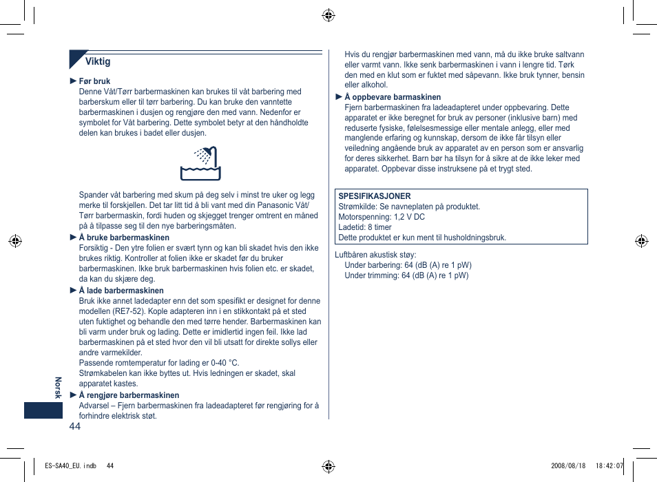 Panasonic ESSA40 User Manual | Page 44 / 92