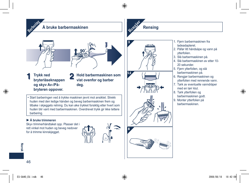 Barbering, Rengjør | Panasonic ESSA40 User Manual | Page 46 / 92