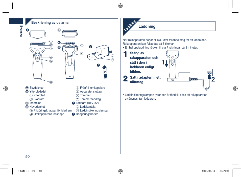 Laddning | Panasonic ESSA40 User Manual | Page 50 / 92