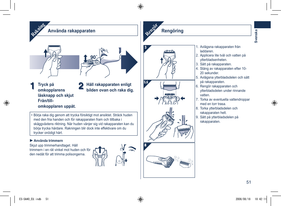 Rakning, Rengör | Panasonic ESSA40 User Manual | Page 51 / 92