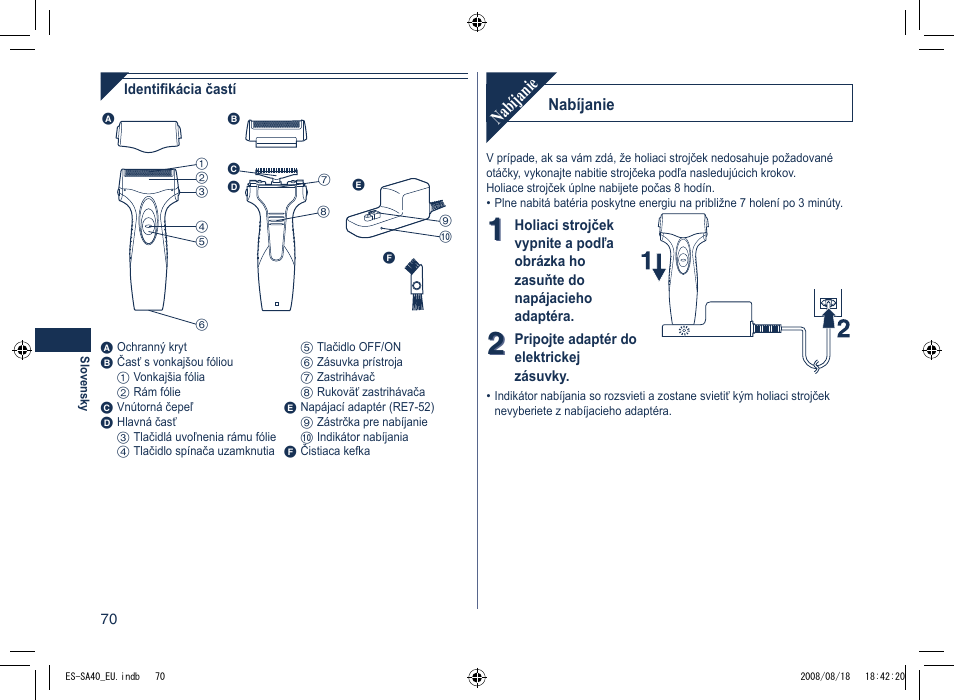 Nabíjanie | Panasonic ESSA40 User Manual | Page 70 / 92