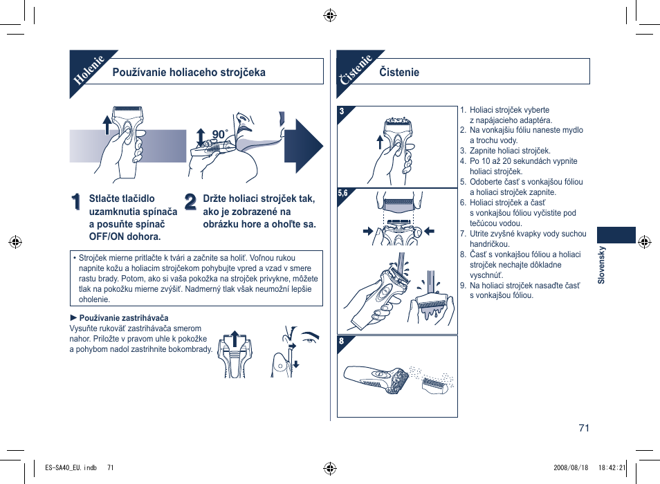 Holenie, Čistenie | Panasonic ESSA40 User Manual | Page 71 / 92