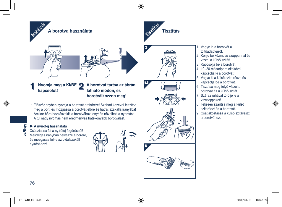 Borotválkozás, Tisztítás | Panasonic ESSA40 User Manual | Page 76 / 92