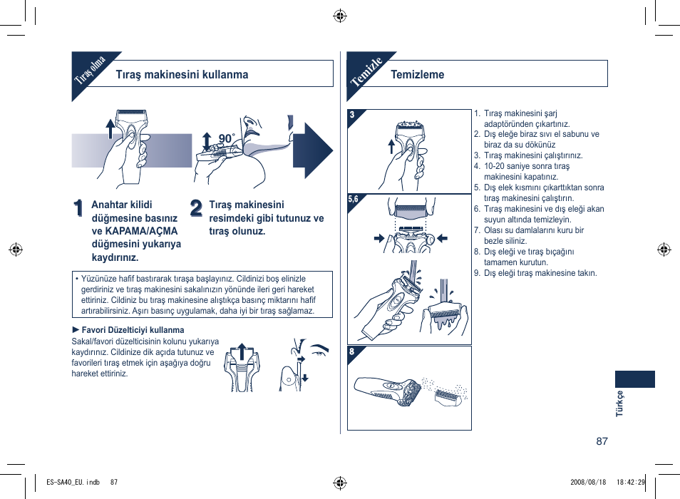 Tıraş olma, Temizle | Panasonic ESSA40 User Manual | Page 87 / 92