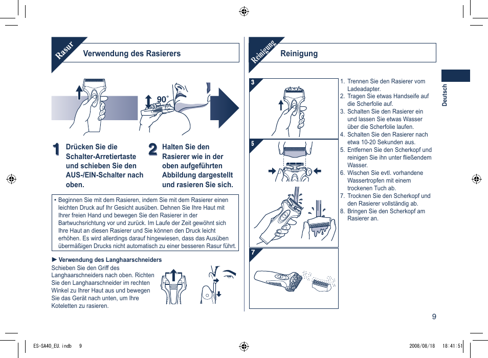 Rasur, Reinigung | Panasonic ESSA40 User Manual | Page 9 / 92