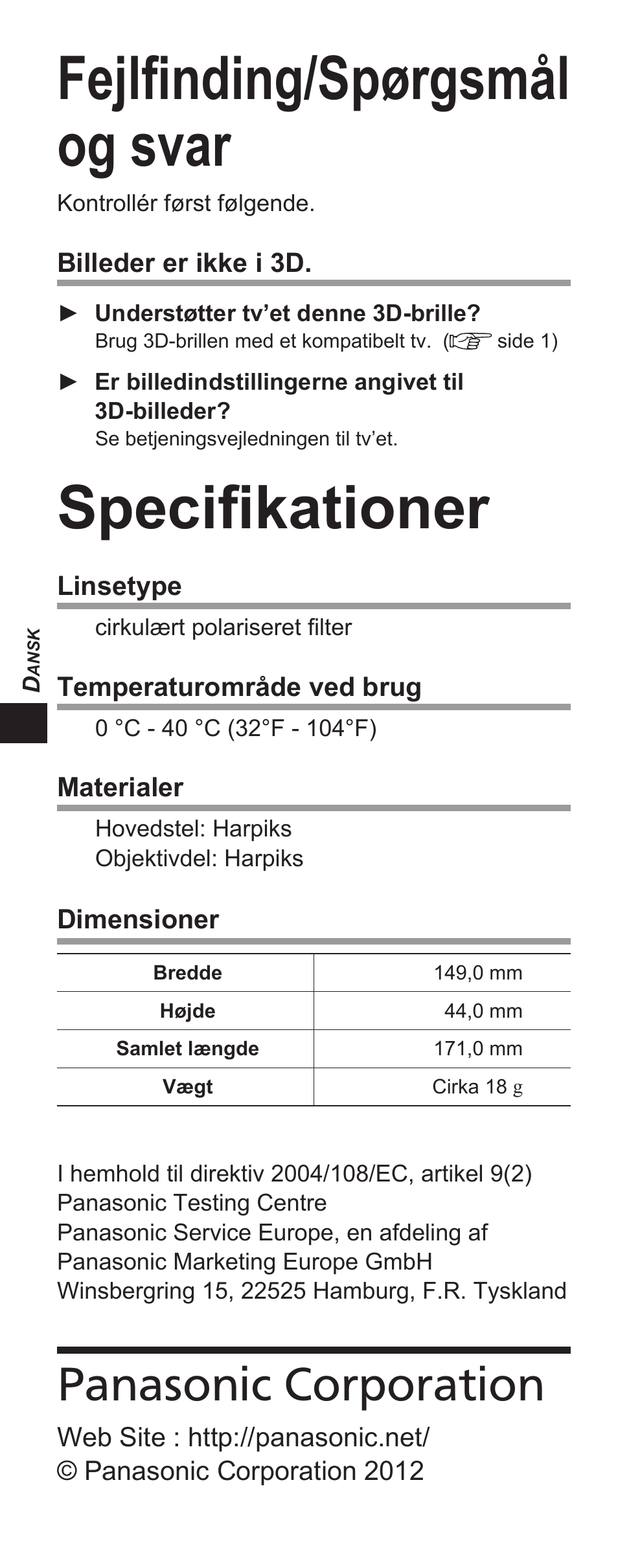 Fejlfinding/spørgsmål og svar, Specifikationer, Panasonic corporation | Panasonic TYEP3D10EB User Manual | Page 10 / 102