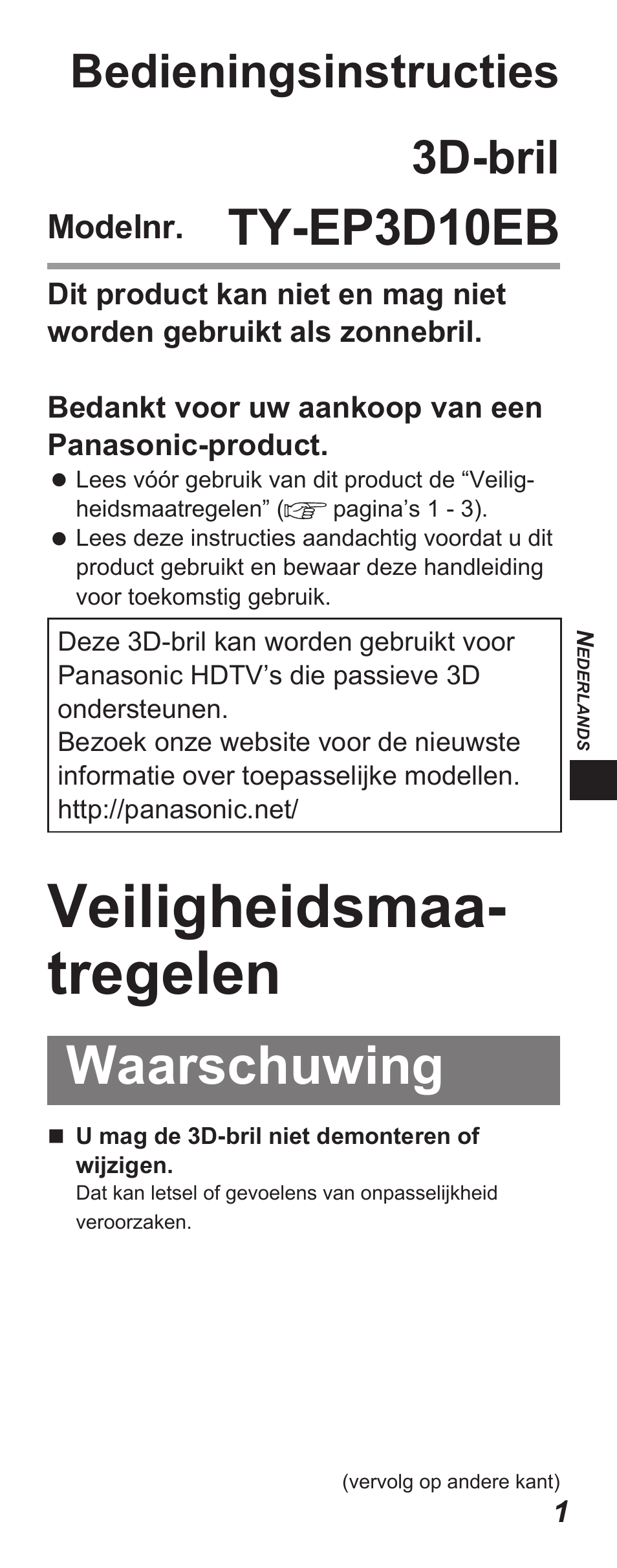 Veiligheidsmaa- tregelen, Waarschuwing, Ty-ep3d10eb | Bedieningsinstructies 3d-bril | Panasonic TYEP3D10EB User Manual | Page 11 / 102