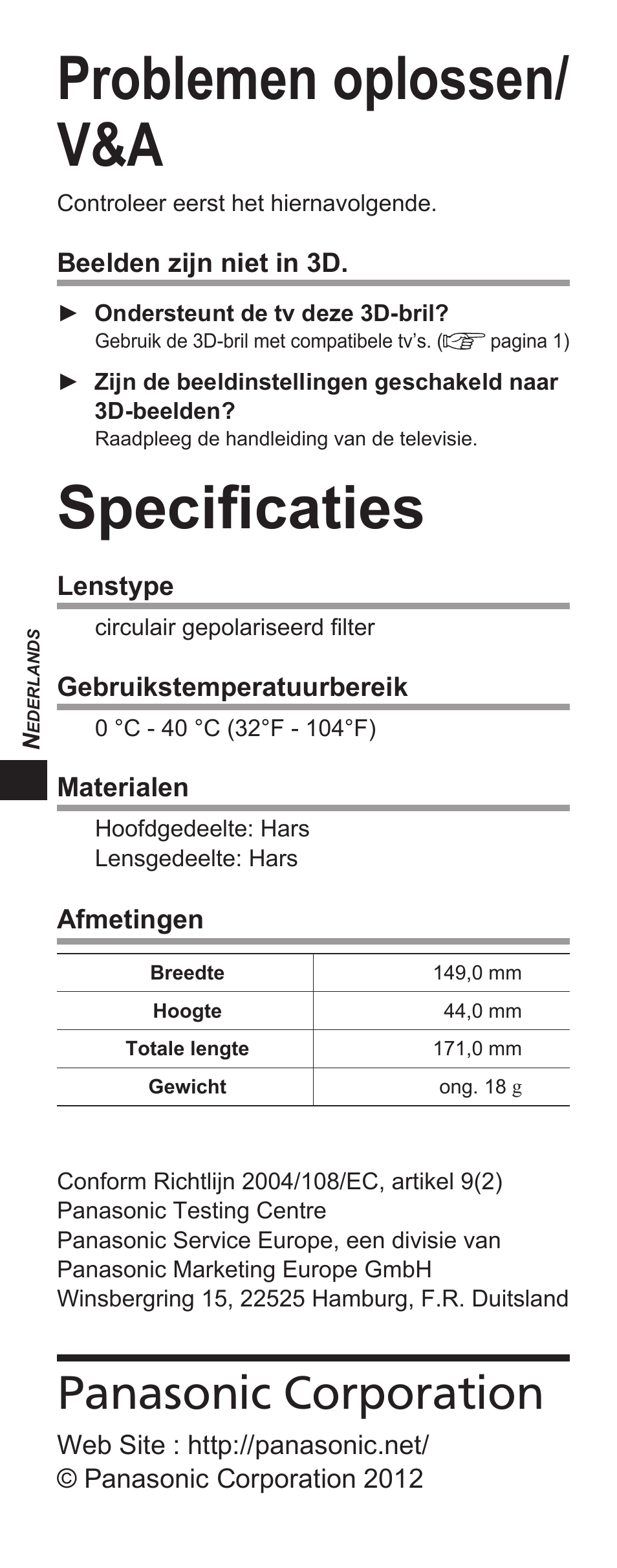 Problemen oplossen/ v&a, Specificaties, Panasonic corporation | Panasonic TYEP3D10EB User Manual | Page 14 / 102