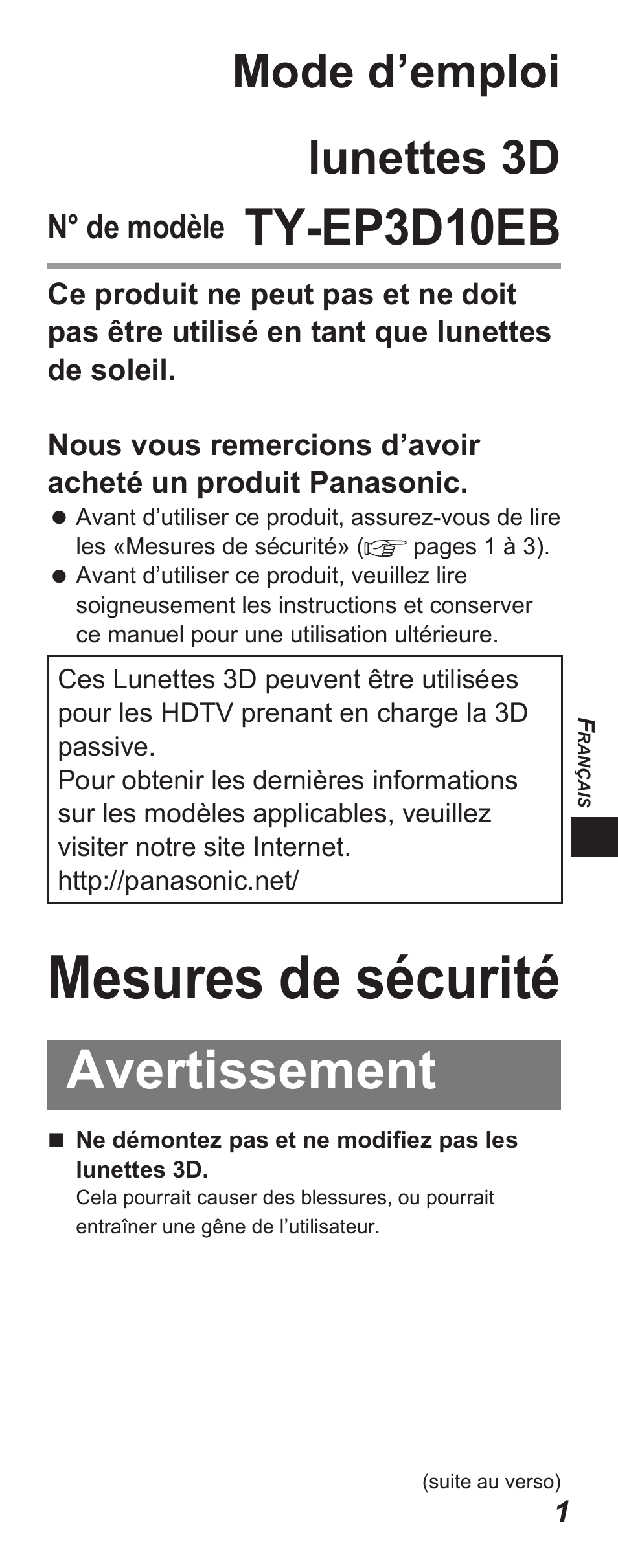 Mesures de sécurité, Avertissement, Ty-ep3d10eb | Mode d’emploi lunettes 3d, N° de modèle | Panasonic TYEP3D10EB User Manual | Page 15 / 102