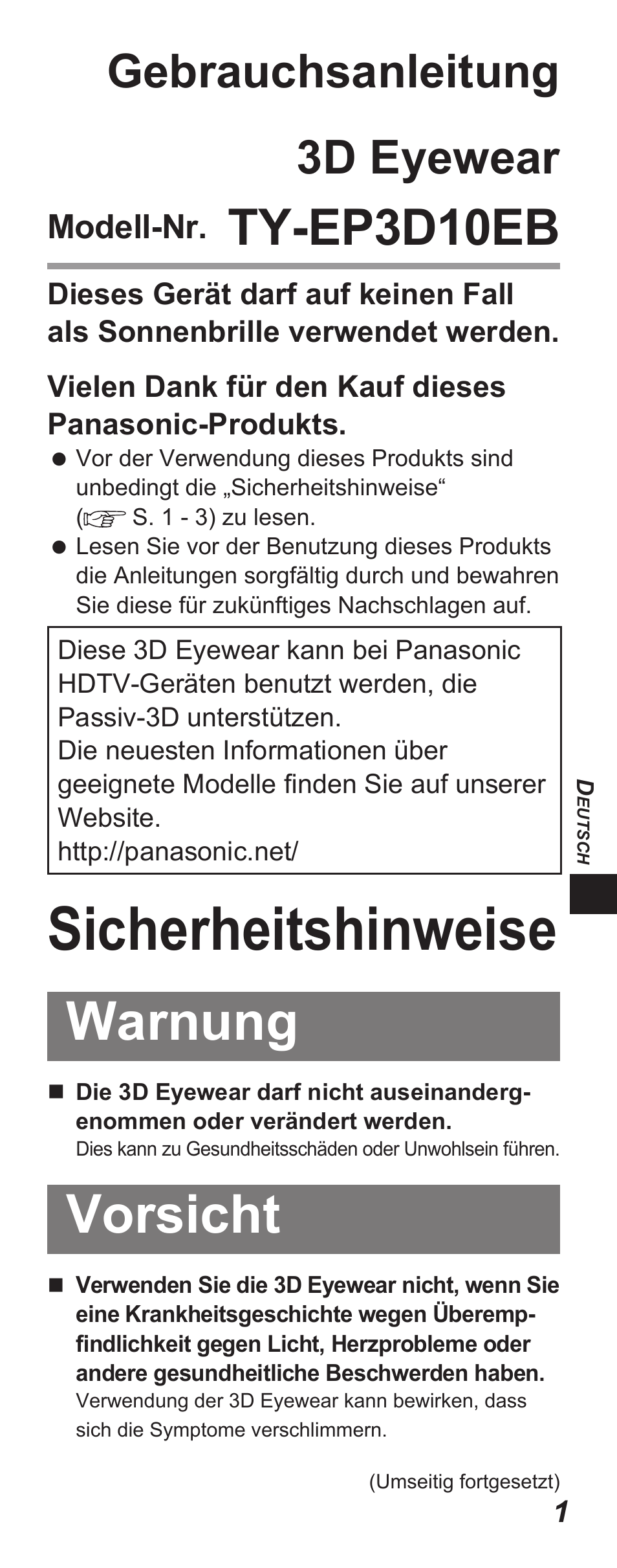 Sicherheitshinweise, Warnung, Vorsicht | Ty-ep3d10eb, Gebrauchsanleitung 3d eyewear, Modell-nr | Panasonic TYEP3D10EB User Manual | Page 19 / 102