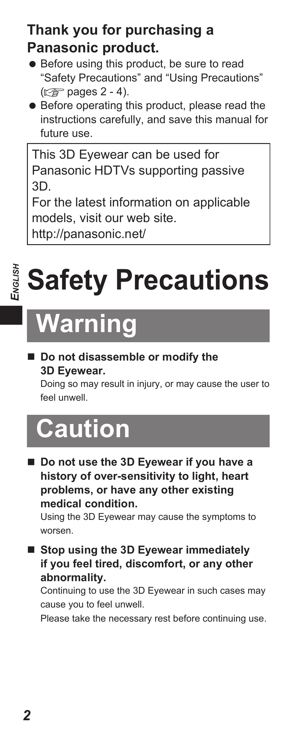 Safety precautions, Warning, Caution | Panasonic TYEP3D10EB User Manual | Page 2 / 102