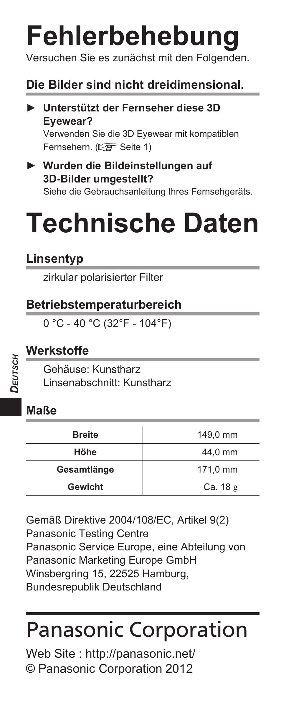 Fehlerbehebung, Technische daten, Panasonic corporation | Panasonic TYEP3D10EB User Manual | Page 22 / 102